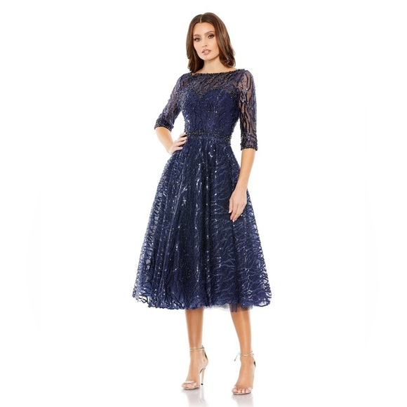 Mac Duggal 20252 NWT EMBELLISHED 1/2 SLEEVE A LINE DRESS - Picture 1 of 11